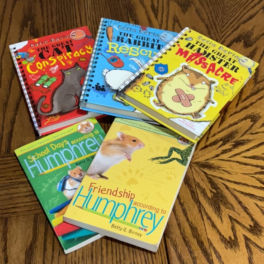 3 Cat, Rabbit & Hamster by Katie Davies + 2 Humphrey Hamster by B G Birney books